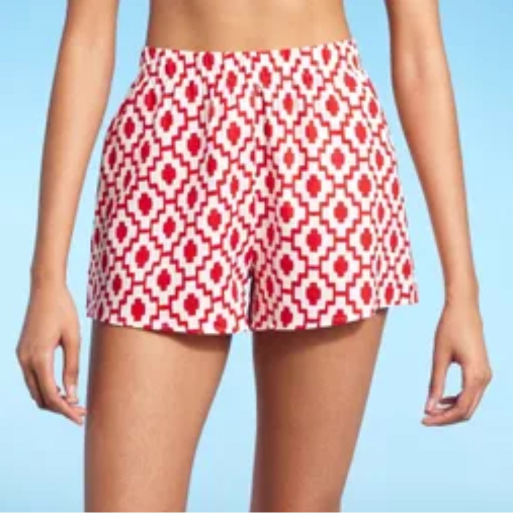 Ikat Print Boho Linen Blend Elastic Waist Beach Shorts | Red/White | Size XS
